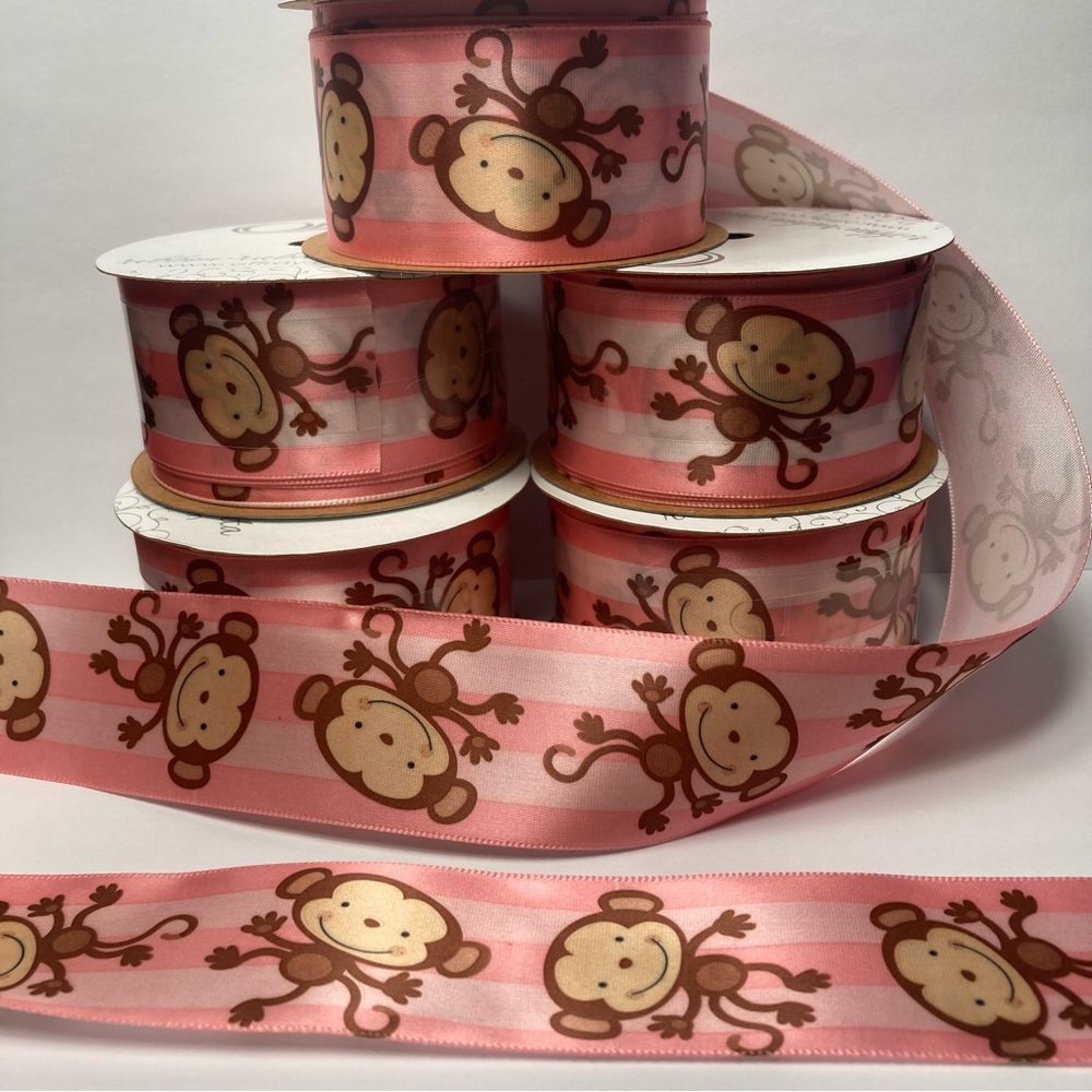 Offray Playful Dancing Monkey Pink Stripe Brown Kids Ribbon 5 Rolls 1.5" 9 Feet